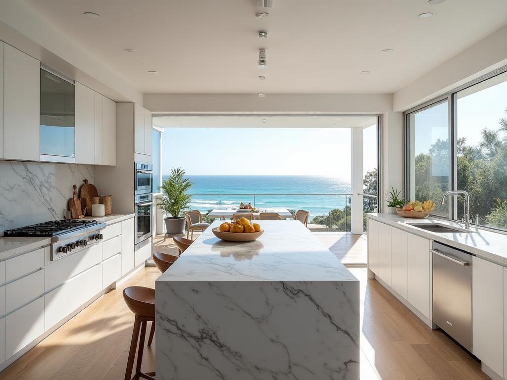 Contemporary Coastal Haven gourmet kitchen with stone benchtops