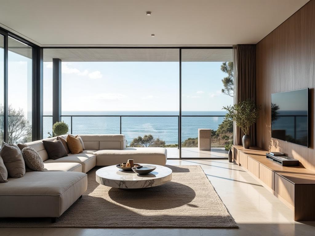Contemporary Coastal Haven open plan living room with ocean views