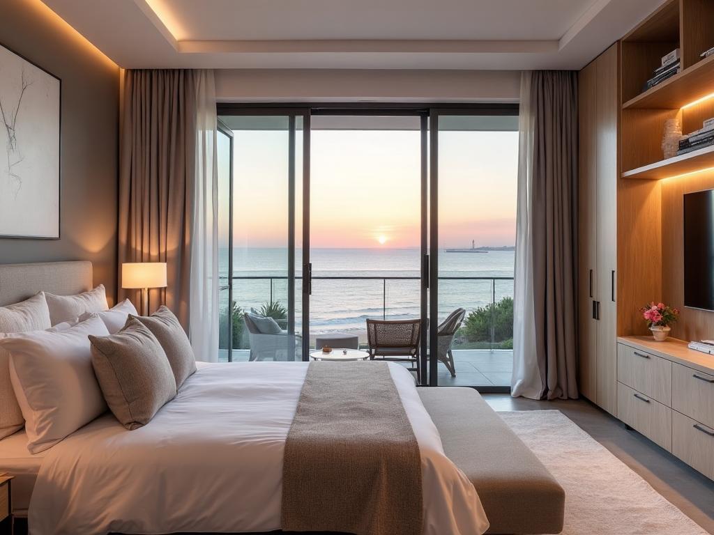 Luxury Beachfront Apartment master bedroom with sunrise views